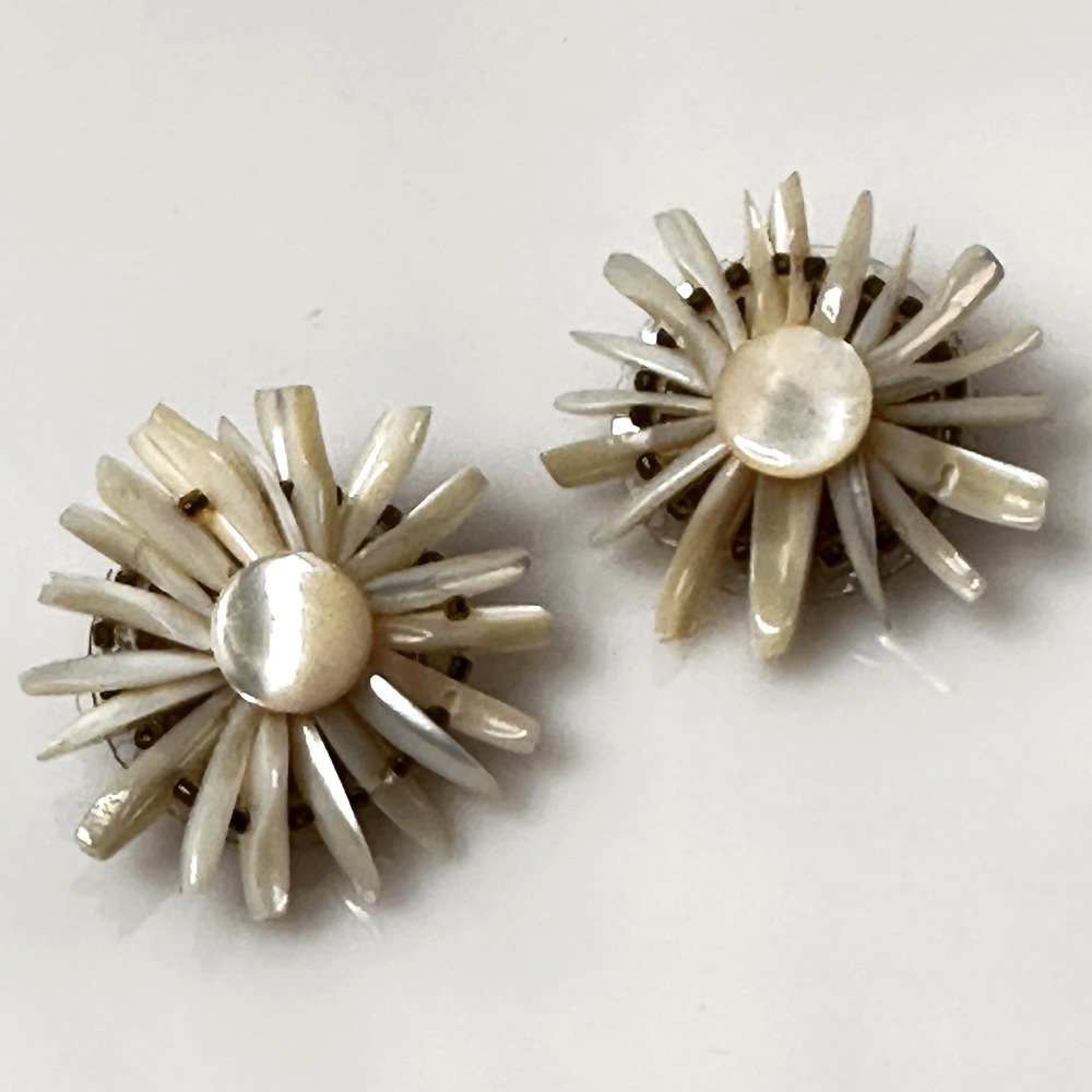 Vintage Handmade Mother of Pearl Earrings Pinwheel Design Clip On 1950s Japan